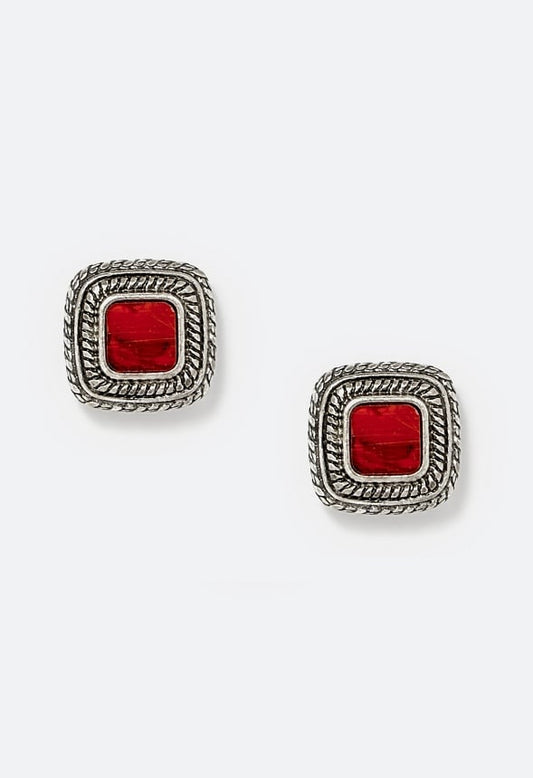 Ivet Square Stone And Ribbed Surround Stud Earrings Red/ Silver