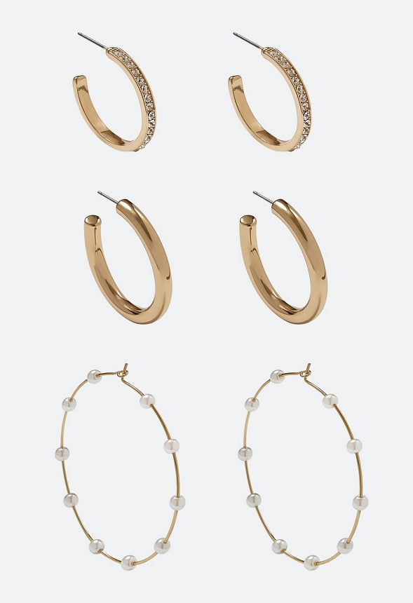 3-Pair Pack Keyla Glass Pearls And Stones Hoop Earrings Cream/ Gold