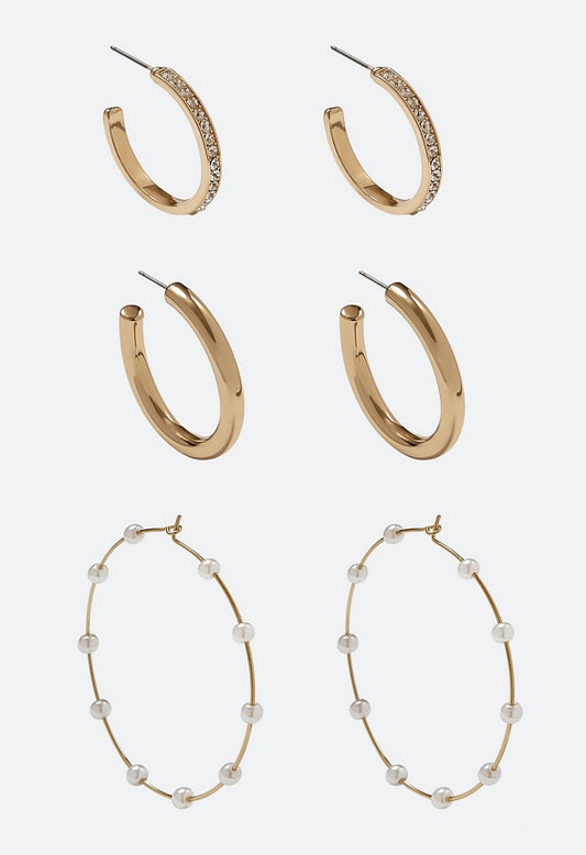 3-Pair Pack Keyla Glass Pearls And Stones Hoop Earrings Cream/ Gold