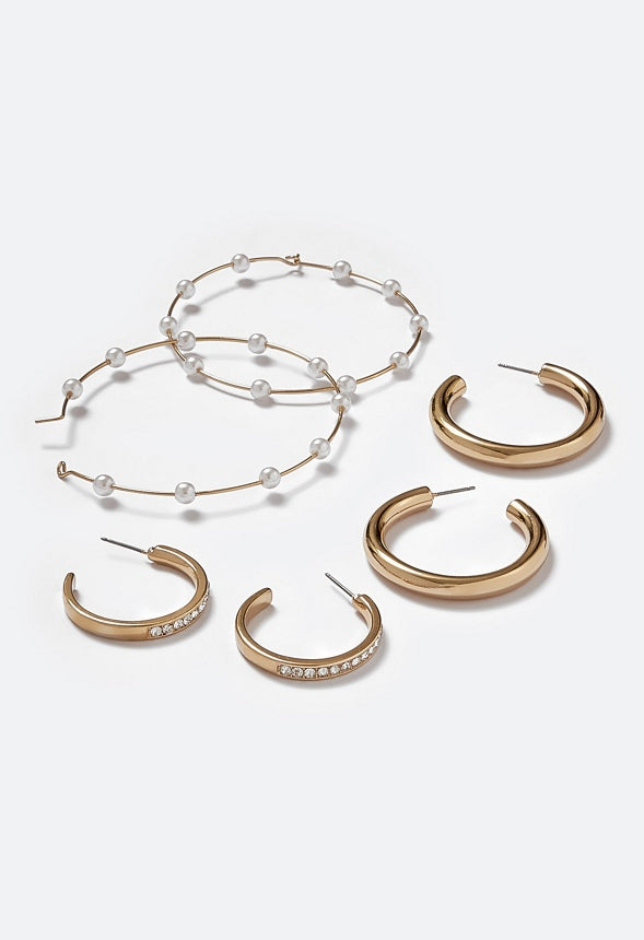 3-Pair Pack Keyla Glass Pearls And Stones Hoop Earrings Cream/ Gold