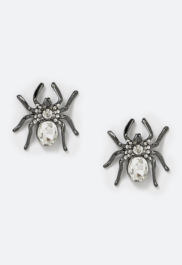Mona Halloween Glass Stone Spider Stud Earrings Crystal/ Gunmetal