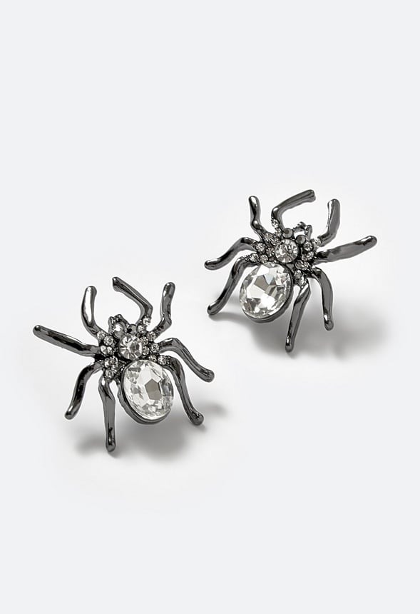 Mona Halloween Glass Stone Spider Stud Earrings Crystal/ Gunmetal