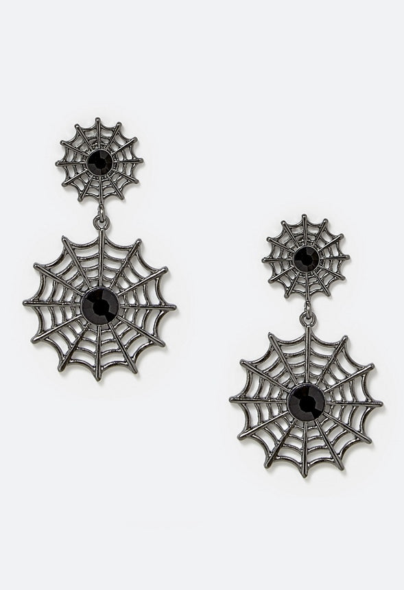 Olga Halloween Double Spiderweb With Glass Stones Drop Earrings Jet/ Gunmetal