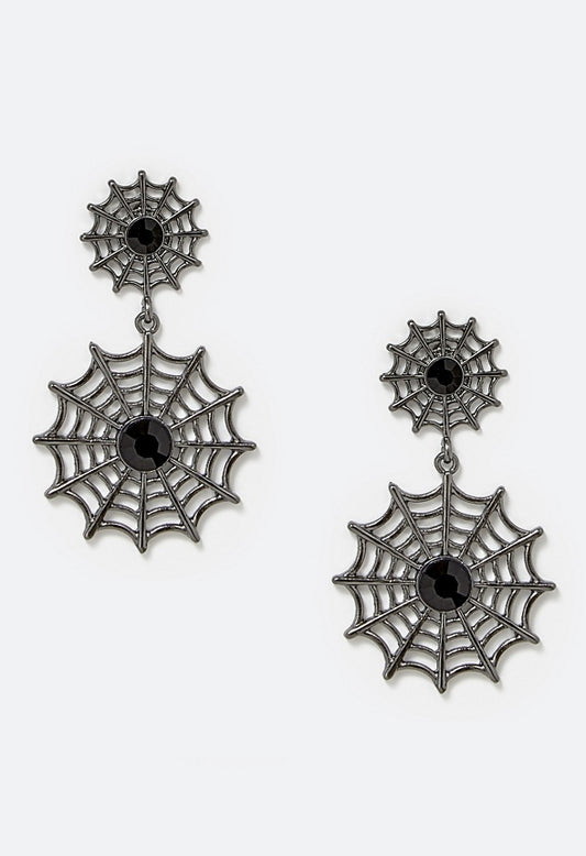 Olga Halloween Double Spiderweb With Glass Stones Drop Earrings Jet/ Gunmetal
