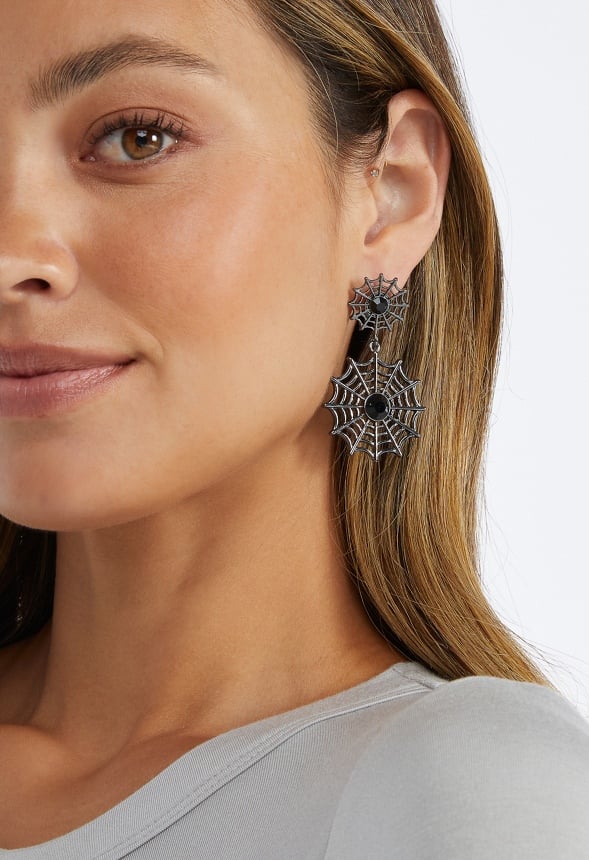 Olga Halloween Double Spiderweb With Glass Stones Drop Earrings Jet/ Gunmetal