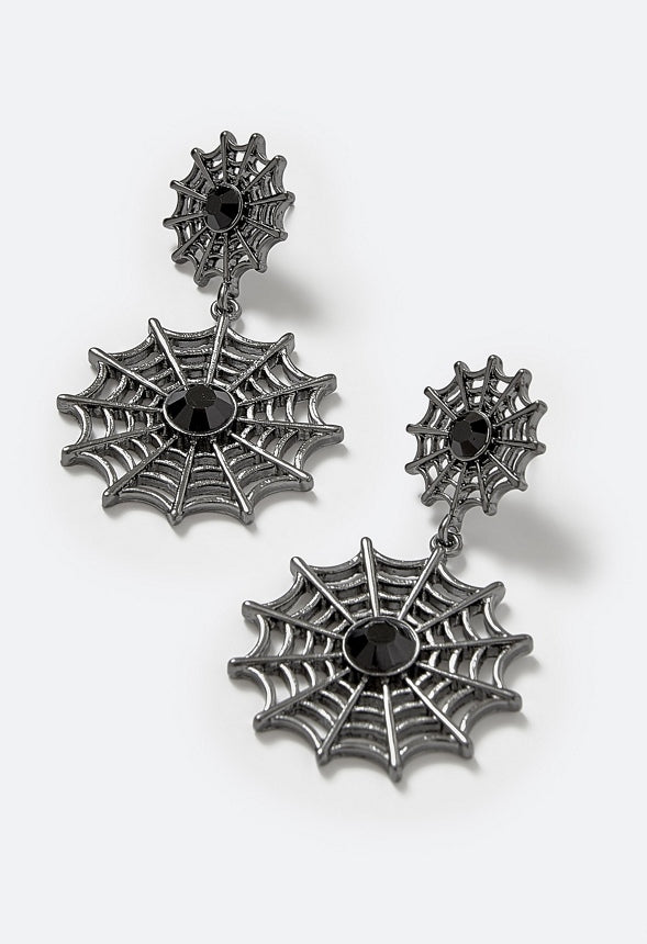 Olga Halloween Double Spiderweb With Glass Stones Drop Earrings Jet/ Gunmetal