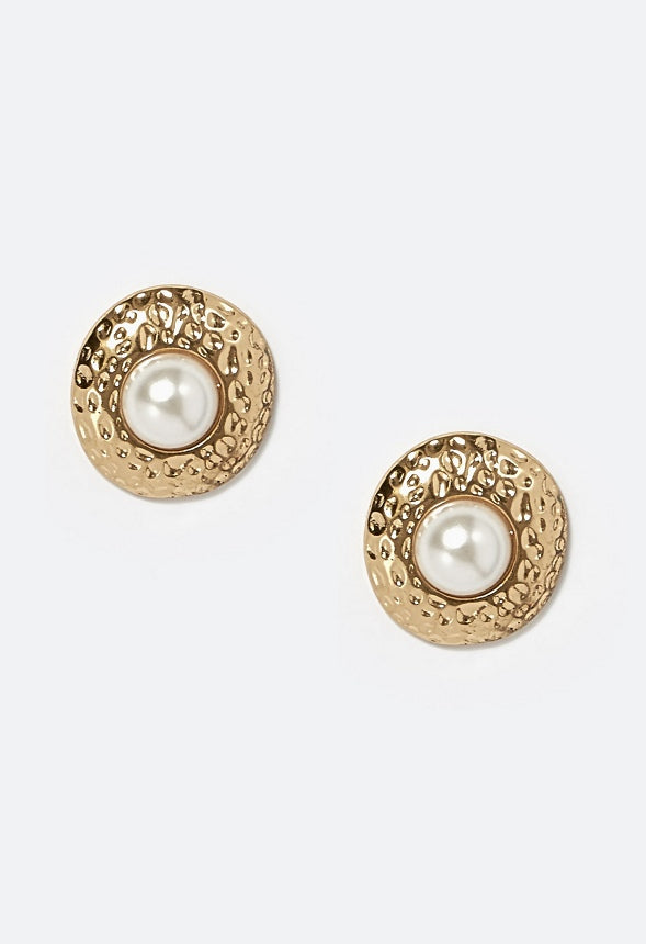 Pria Hammered Metal Surround And Glass Pearl Stud Earrings  Cream/ Gold