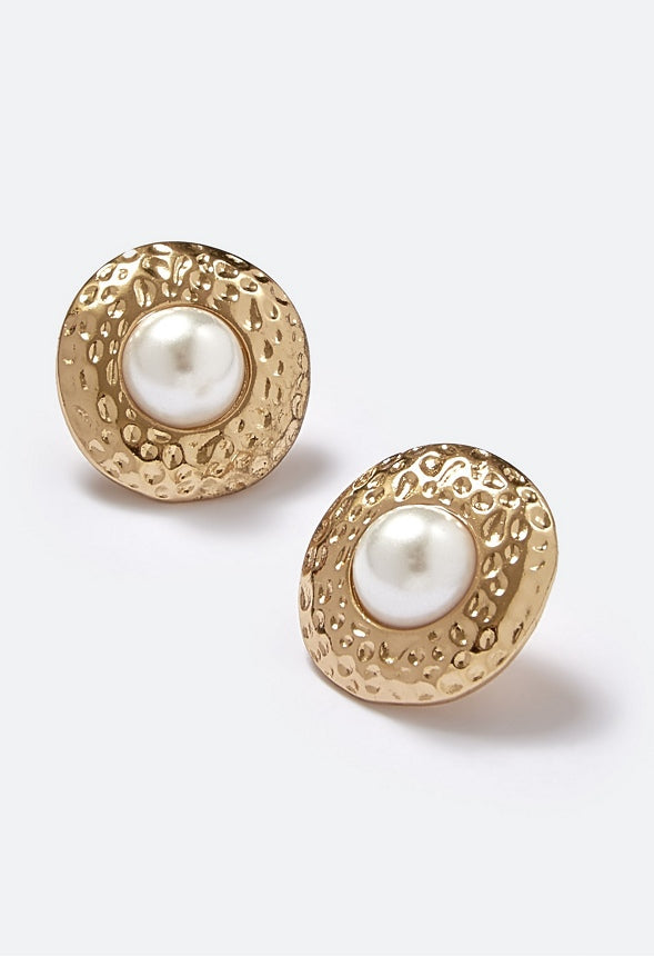 Pria Hammered Metal Surround And Glass Pearl Stud Earrings  Cream/ Gold
