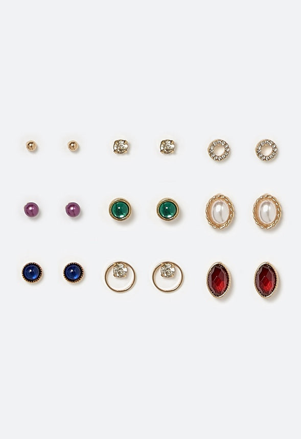 Dalia Multicolor Resin Stones 9 Pair Pack Stud Earrings Multi/ Gold
