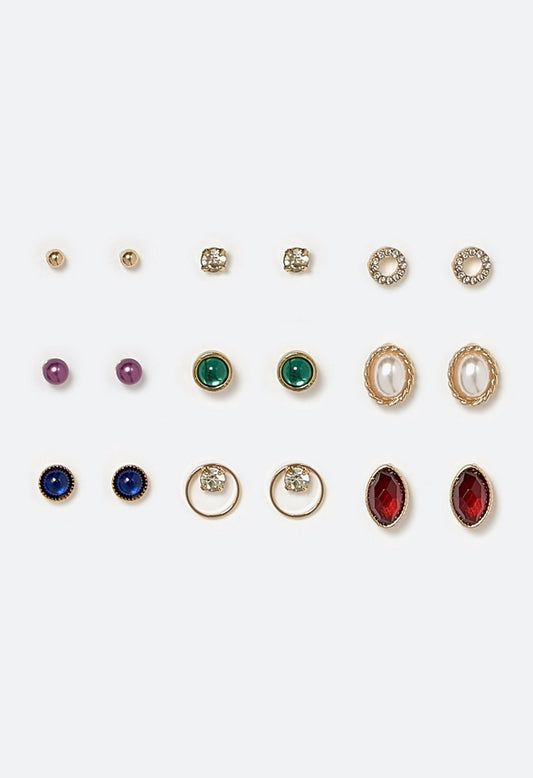 Dalia Multicolor Resin Stones 9 Pair Pack Stud Earrings Multi/ Gold