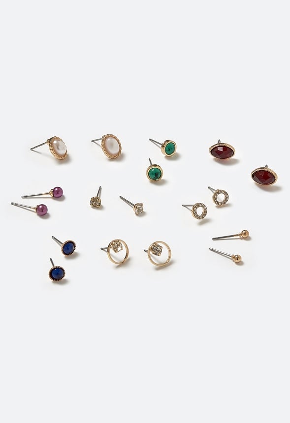 Dalia Multicolor Resin Stones 9 Pair Pack Stud Earrings Multi/ Gold