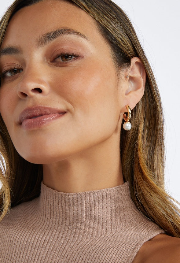 Dori 3 Pairs Pack Glass Pearl & Stones Hoops With Molten Drop Earrings Cream/ Gold