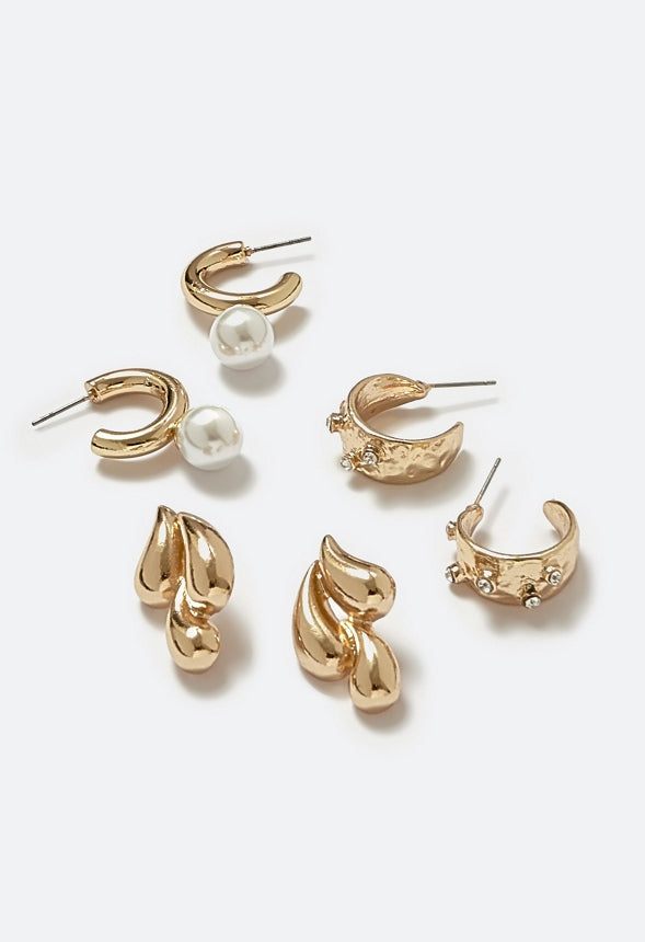 Dori 3 Pairs Pack Glass Pearl & Stones Hoops With Molten Drop Earrings Cream/ Gold