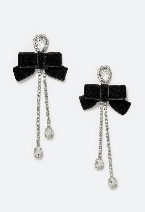 Aubrie Glass Stones And Cupchain Drop Earrings With Velvet Bows Crystal/ Silver