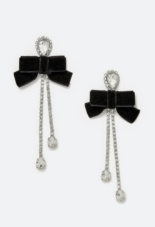 Aubrie Glass Stones And Cupchain Drop Earrings With Velvet Bows Crystal/ Silver