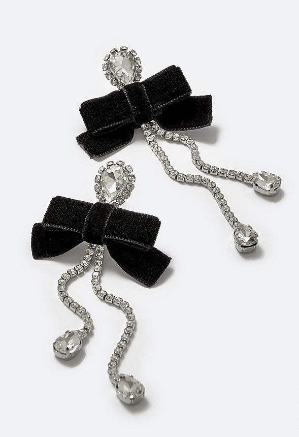 Aubrie Glass Stones And Cupchain Drop Earrings With Velvet Bows Crystal/ Silver