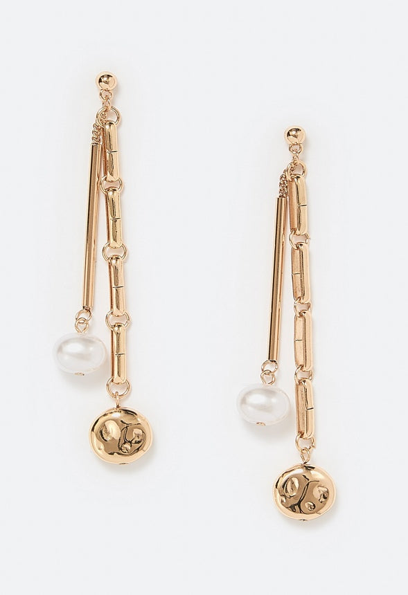 Abby Drop Earrings With Organic Pearls and Metal Beads White/ Gold