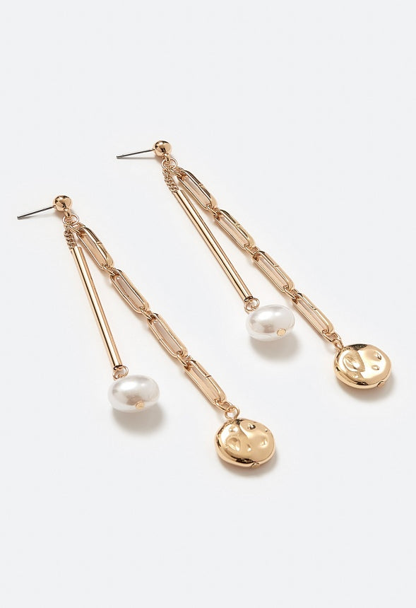 Abby Drop Earrings With Organic Pearls and Metal Beads White/ Gold