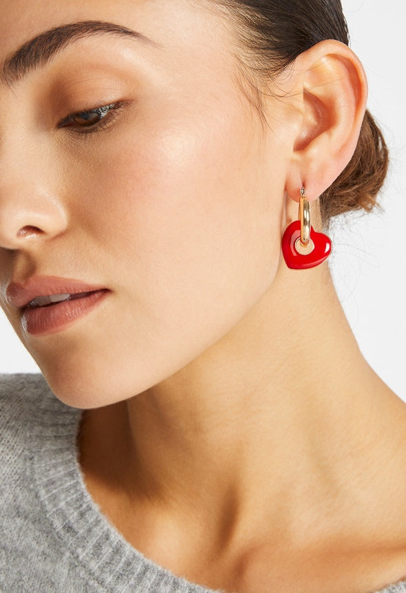 Aila Red Epoxy Heart Charms On Hoops Earrings Red/ Gold