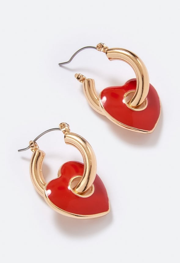 Aila Red Epoxy Heart Charms On Hoops Earrings Red/ Gold