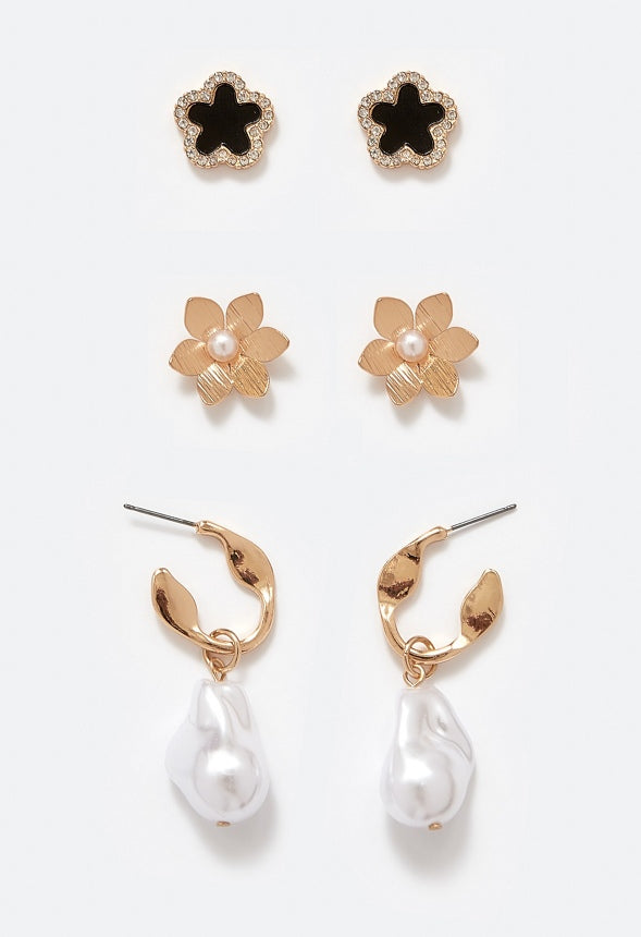3-Pairs Demi Pack Mixed Studs And Pearl Hoops Earrings Black/ Cream/ Gold