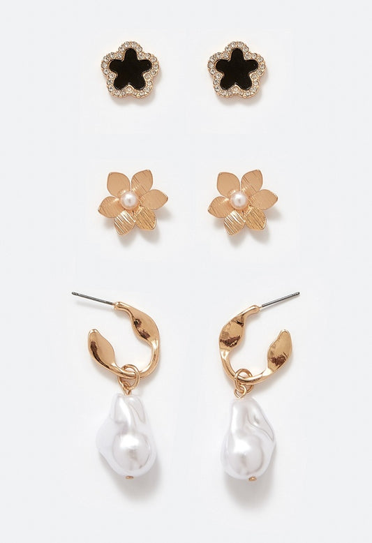 3-Pairs Demi Pack Mixed Studs And Pearl Hoops Earrings Black/ Cream/ Gold