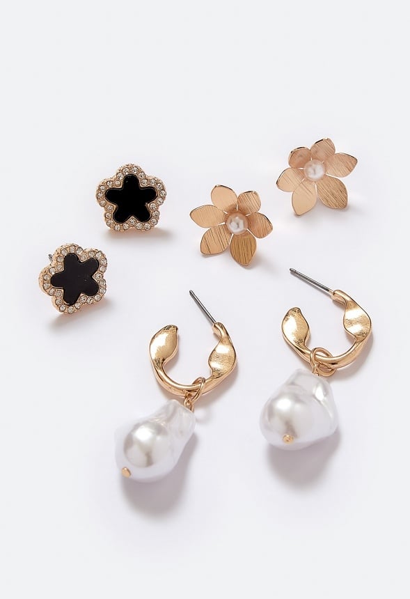 3-Pairs Demi Pack Mixed Studs And Pearl Hoops Earrings Black/ Cream/ Gold