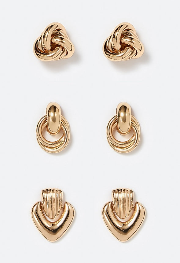 3-Pairs Gaia Pack Door Knockers And Knot Stud Earrings Gold