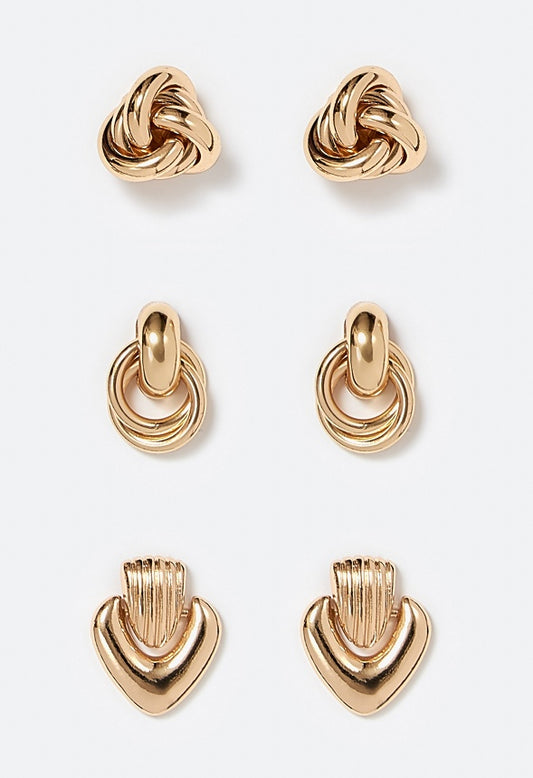3-Pairs Gaia Pack Door Knockers And Knot Stud Earrings Gold