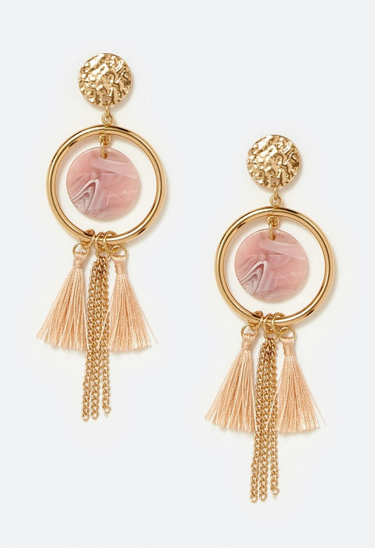 Kia Tonal Disc And Tassel Drop Earrings Pink/ Gold