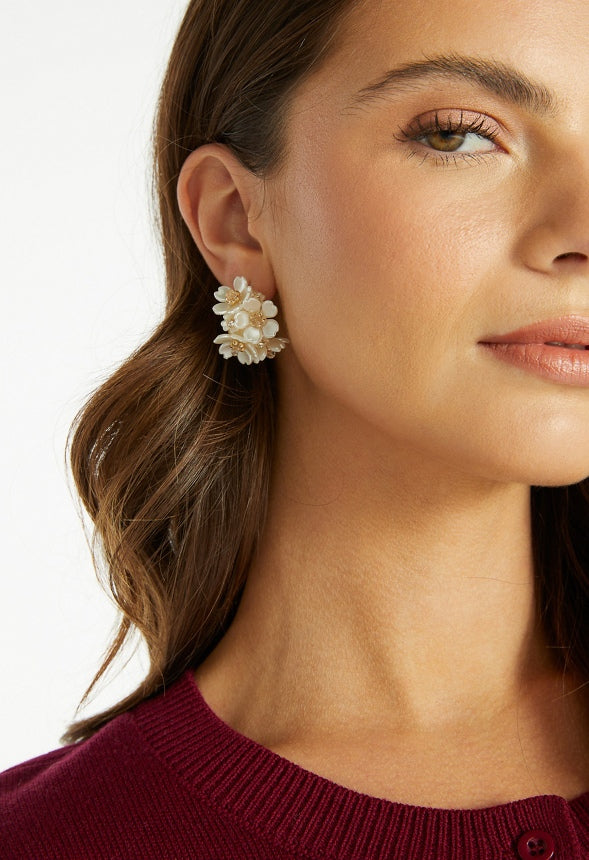Lexi 3D Multi Flower Hoop Earrings Cream/ Gold