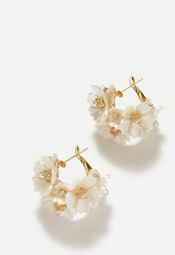 Lexi 3D Multi Flower Hoop Earrings Cream/ Gold