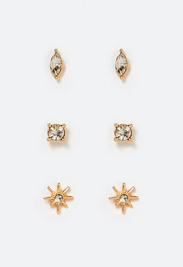 3-Pair Mia Glass Stones Fine Stud Earrings Pack Crystal/ Gold