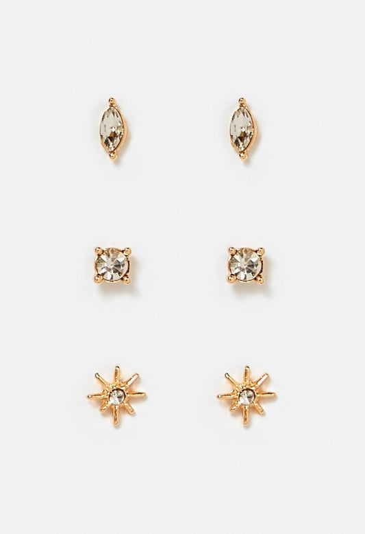 3-Pair Mia Glass Stones Fine Stud Earrings Pack Crystal/ Gold