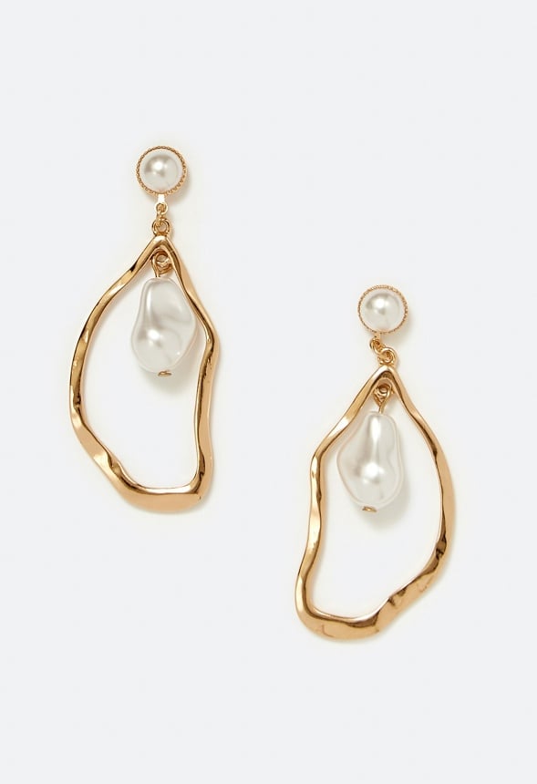 Mira Organic Cut Out Metal And Pearl Drop Earrings Cream/ Gold