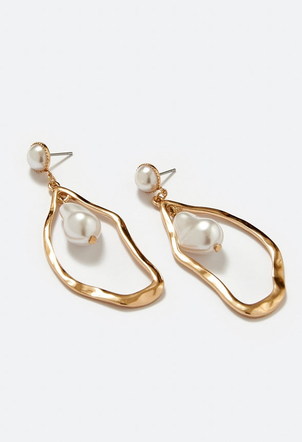 Mira Organic Cut Out Metal And Pearl Drop Earrings Cream/ Gold