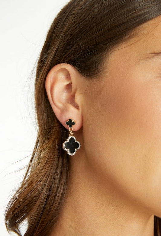 Nora Double Enamel Clover And Pave Drop Earrings Black/ Gold