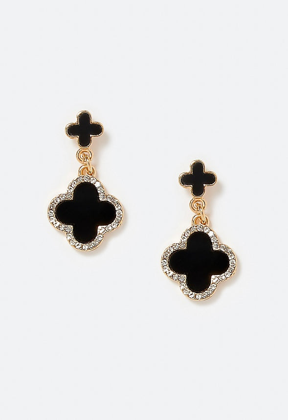Nora Double Enamel Clover And Pave Drop Earrings Black/ Gold