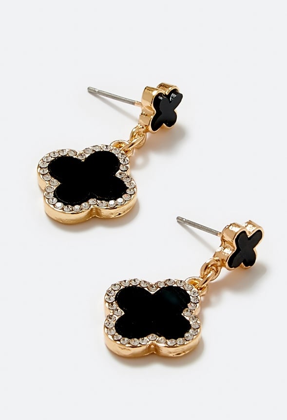 Nora Double Enamel Clover And Pave Drop Earrings Black/ Gold