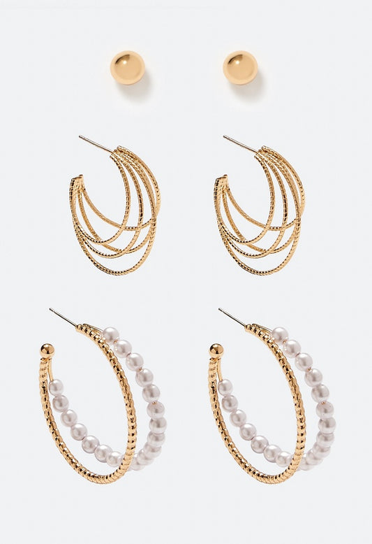 3 Pair Ada Mix Hoops and Domed Stud Earrings Pack Cream/ Gold