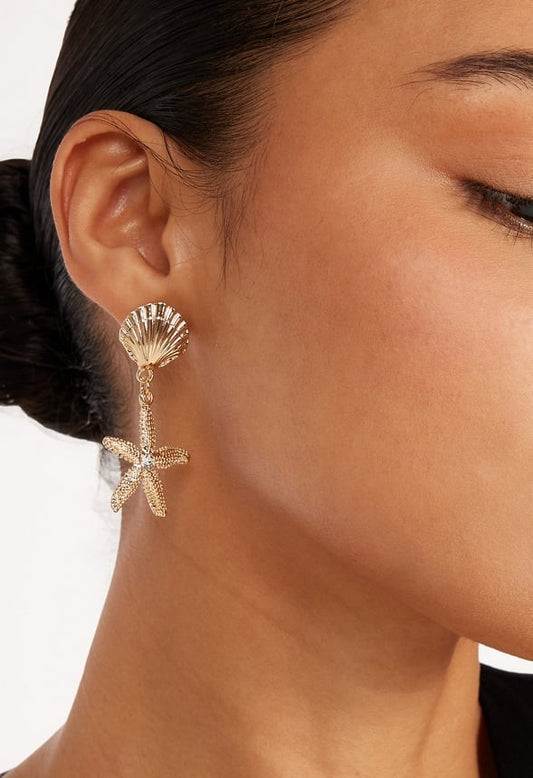 Ariel Shell And Starfish Drop Earrings Crystal/ Gold