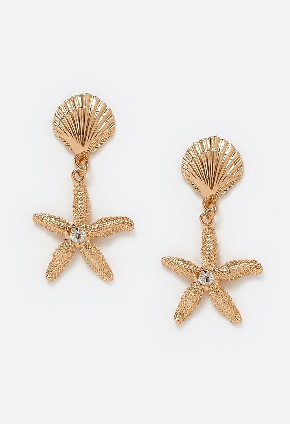 Ariel Shell And Starfish Drop Earrings Crystal/ Gold
