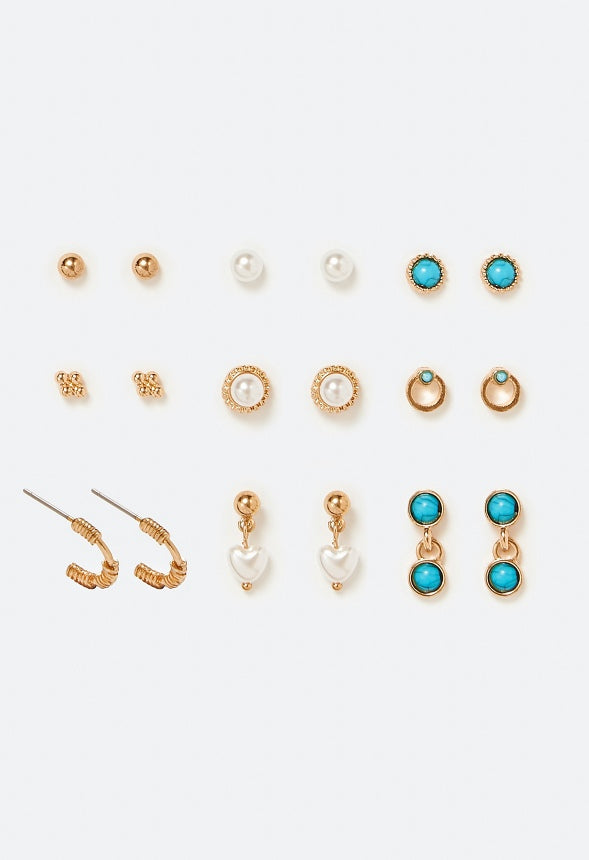 9-Pairs Bea Mix Pearl And Stud Earrings Pack Cream/ Turquoise/ Gold