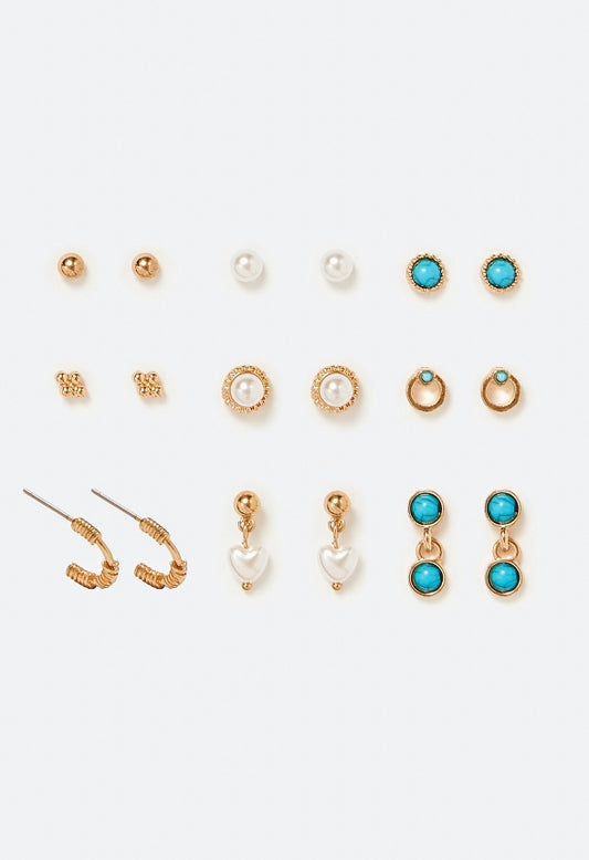 9-Pairs Bea Mix Pearl And Stud Earrings Pack Cream/ Turquoise/ Gold