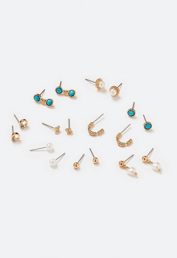 9-Pairs Bea Mix Pearl And Stud Earrings Pack Cream/ Turquoise/ Gold