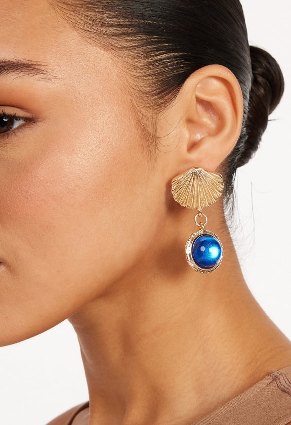 Cai Shell Stud Earrings With Glass Bead Drop Blue/ Gold