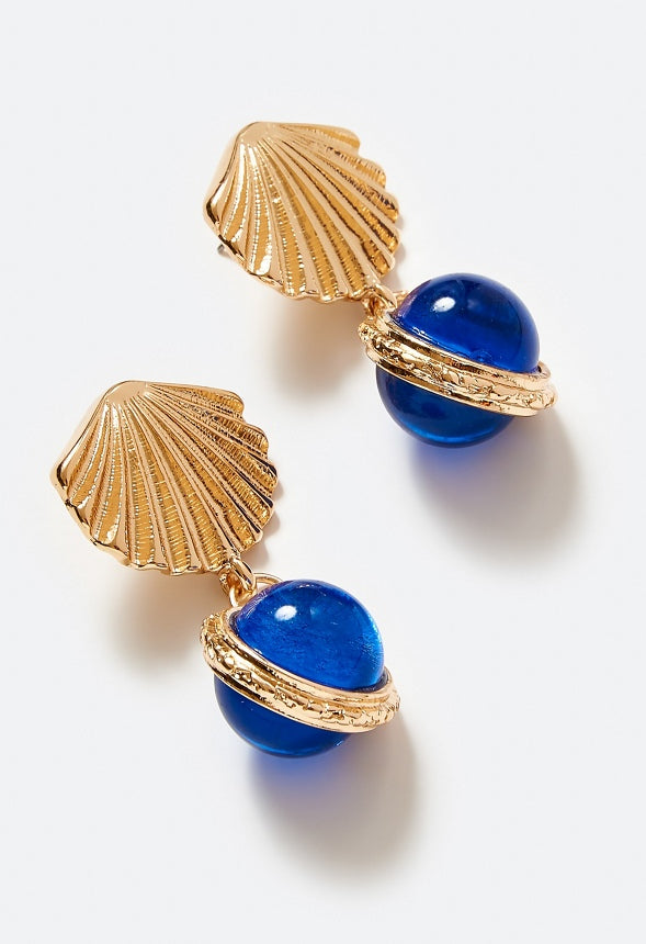 Cai Shell Stud Earrings With Glass Bead Drop Blue/ Gold