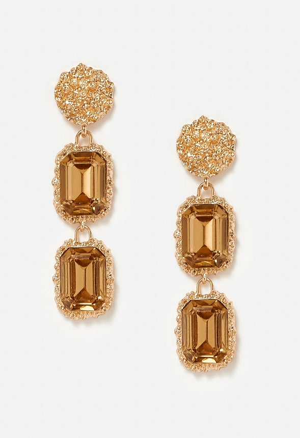 Jia Hammered Metal And Double Stones Drop Earrings Tan/ Gold