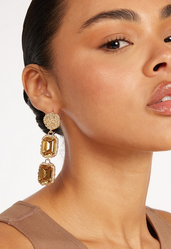 Jia Hammered Metal And Double Stones Drop Earrings Tan/ Gold