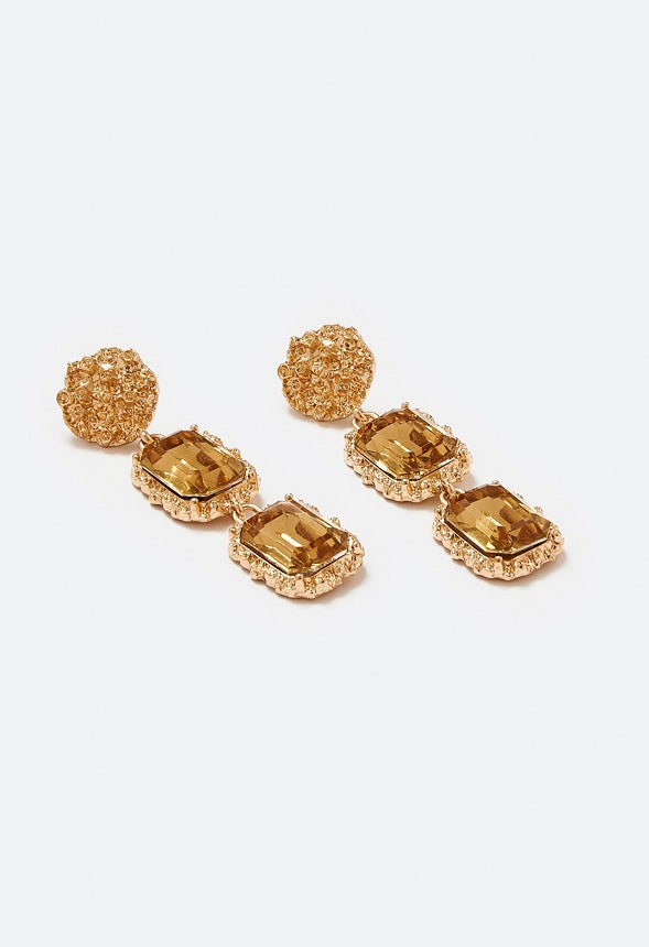 Jia Hammered Metal And Double Stones Drop Earrings Tan/ Gold